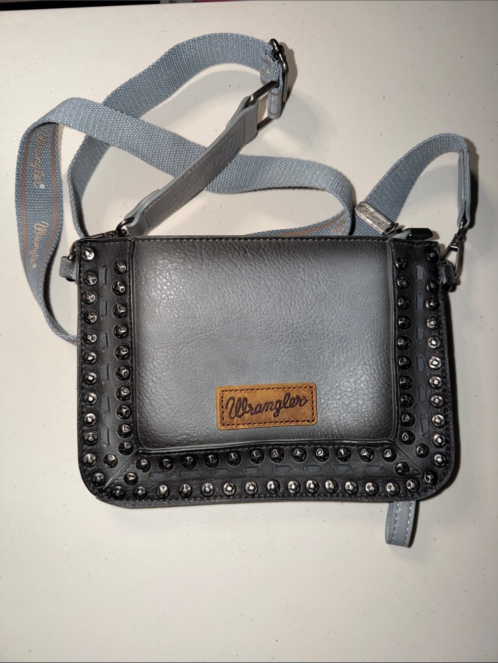 Wrangler Gray Stud-Trim Crossbody Bag with Branded Strap